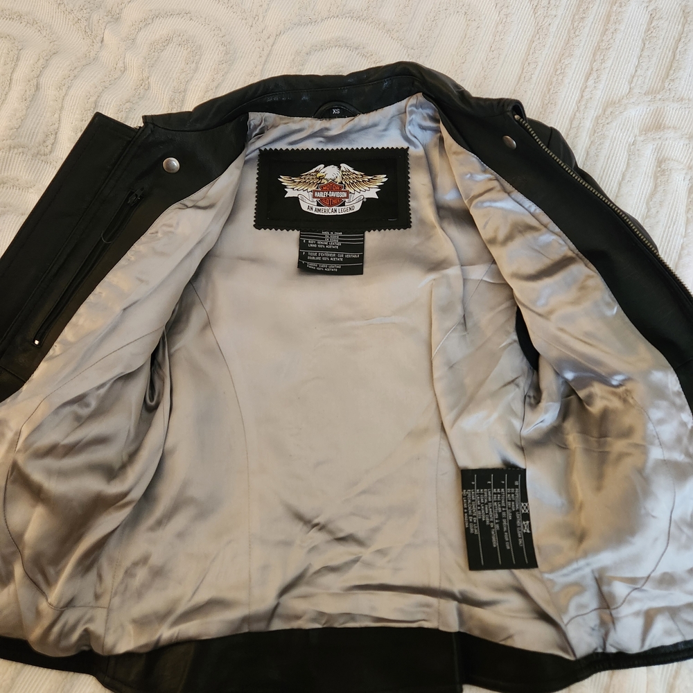 Harley-Davidson Women's Black Leather Motorcycle Zip Jacket Purple Embroidery Xs - Picture 3 of 12